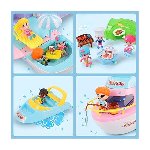  iPlay, iLearn Dollhouse Playset for 3-4 Year Old Girls, Boat Toy Set W/ Cruise Ship Small Dolls, Kids Pretend Play House W/ Furniture, Princess Valentine Birthday Gifts Age 5 6 Child Toddlers