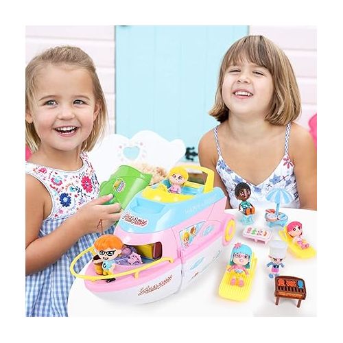  iPlay, iLearn Dollhouse Playset for 3-4 Year Old Girls, Boat Toy Set W/ Cruise Ship Small Dolls, Kids Pretend Play House W/ Furniture, Princess Valentine Birthday Gifts Age 5 6 Child Toddlers