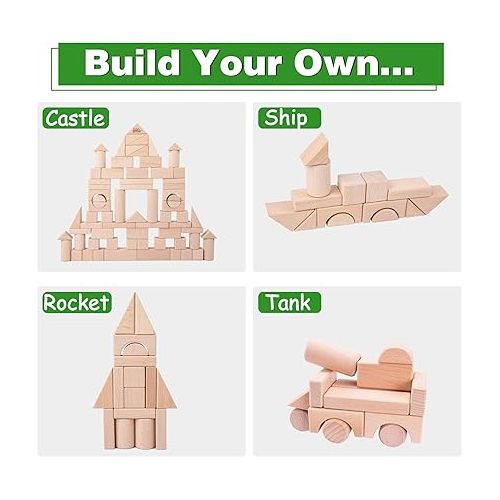  iPlay, iLearn Kid Wooden Building Block Set, Toddler Natural Wood Block Montessori Learning Toy, Large Hardwood Stacking Brick Castle Unit, Preschool Classroom Gift 2 3 4 5 6 8 Year Old Boy Girl Child