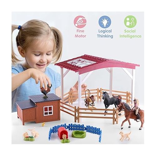  iPlay, iLearn Kids Farm Animal Barn House Toy, Girl Horse Stable Figurine Fence Playset, Country World Farmhouses, Barnyard Chicken Coop Rabbit Puppy Figure, Birthday Gift Age 3 4 5 7 8 6-12 Boy Child