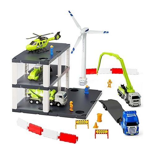  iPlay, iLearn Kids Construction Toys, Toddler Play Vehicle Set W/Trailer Truck, Helicoptor, Wind up Windmill, STEM Engineer Learning Educational Cool Toy, Birthday Gifts 3 4 5 6 7 Year Old Boys Girls