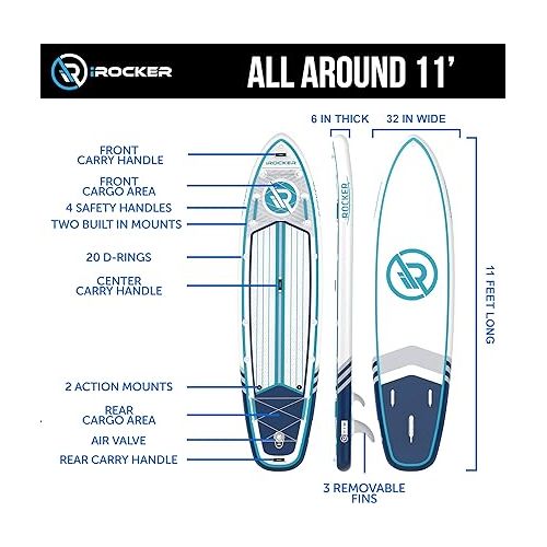  iROCKER All-Around Inflatable Stand Up Paddle Board, Extremely Stable, Premium SUP with Roller Bag, Carbon Paddle, Pump, Leash, Fins & Repair Kit
