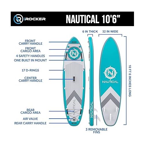  iROCKER Nautical Inflatable Stand-Up Paddleboard for Adults and Kids Portable SUP Board for Fun on The Lake Ocean River with Accessory attachments