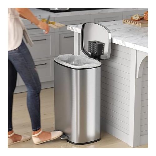  iTouchless SoftStep 13.2 Gallon Step Kitchen Trash Can with Lid and Odor Filter, Stainless Steel 50 Liter Trashcan for Home Office Bedroom Garage Living Room Bathroom Silent Lid Close Slim Wastebasket