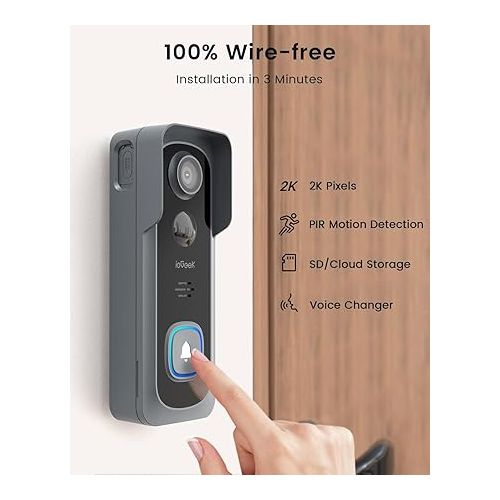  ieGeek 2K Doorbell Camera Wireless - Video Doorbell with Chime Ringer, Smart Wifi Doorbell AI & PIR Motion Detection, 2 Way Audio, Voice Changer, SD Card Storage with No Subscription, Works with Alexa