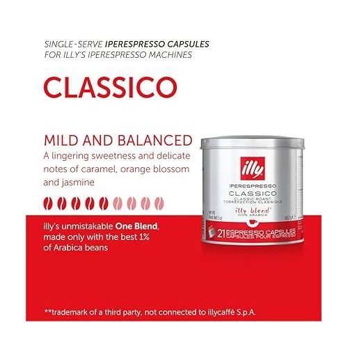 일리 illy Coffee iperEspresso Capsules - Single-Serve Coffee Capsules & Pods - Single Origin Coffee Pods - Classico Medium Roast with Notes of Caramel - For iperEspresso Capsule Machines - 18 Count