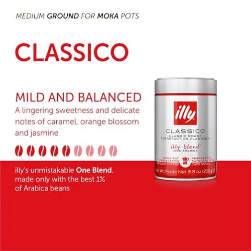 일리 illy Ground Coffee Moka - 100% Arabica Coffee Ground - Rich Aromatic Coffee Grounds - Classico Medium Roast - Notes of Caramel, Orange Blossom & Jasmine - No Preservatives - 8.8 Ounce, 12 Pack