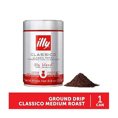 일리 illy Classico Ground Drip Coffee, Medium Roast, Classic Roast with Notes Of Chocolate & Caramel, 100% Arabica Coffee, No Preservatives, 8.8 Ounce (Pack of 1)