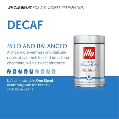 일리 illy Whole Bean Coffee - Perfectly Roasted Whole Coffee Beans - Classico Decaf Roast - with Notes of Caramel, Toasted Bread & Chocolate - 100% Arabica Coffee - No Preservatives - 8.8 Ounce, 6 Pack