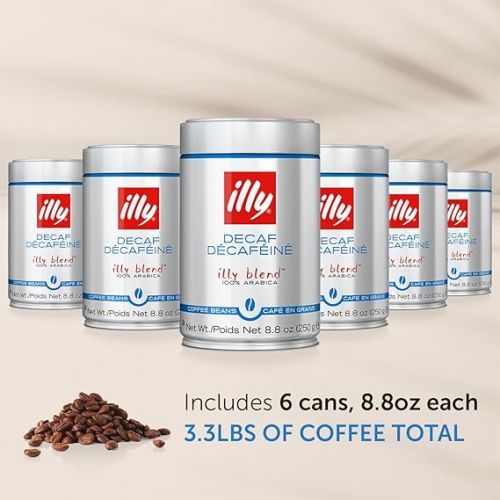 일리 illy Whole Bean Coffee - Perfectly Roasted Whole Coffee Beans - Classico Decaf Roast - with Notes of Caramel, Toasted Bread & Chocolate - 100% Arabica Coffee - No Preservatives - 8.8 Ounce, 6 Pack