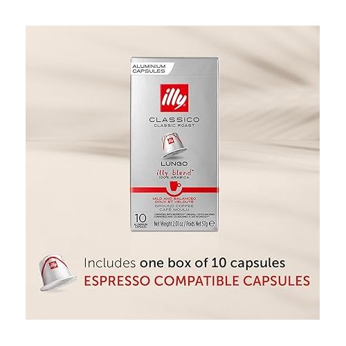 일리 Illy Espresso Compatible Capsules - Single-Serve Coffee Capsules & Pods - Classico Lungo Roast - Notes Of Caramel, Orange Blossom & Jasmine Coffee Pods - For Nespresso Coffee Machines - 10 Count