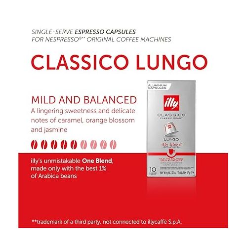 일리 Illy Espresso Compatible Capsules - Single-Serve Coffee Capsules & Pods - Classico Lungo Roast - Notes Of Caramel, Orange Blossom & Jasmine Coffee Pods - For Nespresso Coffee Machines - 10 Count