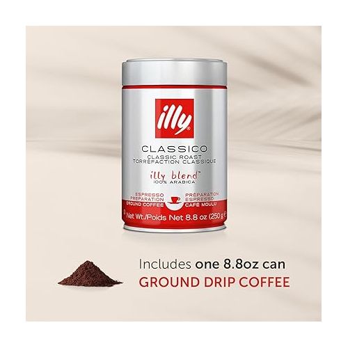 일리 illy Drip Coffee - Ground Coffee - 100% Arabica Ground Coffee - Classico Medium Roast - Notes of Caramel, Orange Blossom & Jasmine - No Preservatives - Mild & Balanced - 8.8 Ounce