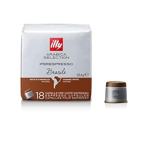 일리 illy Coffee, Arabica Selection Brasile Espresso Capsules, Single Origin, Intense Flavor with Notes of Caramel, For Brewing with iperEspresso Capsule Machines, 18 Count (Pack of 1)