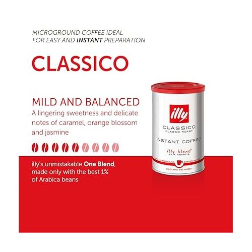 일리 illy Instant Coffee- 100% Arabica Coffee - Classico Medium Roast - Notes Of Caramel, Orange Blossom & Jasmine - Easy Preparation - Convenient Coffee Instant Format - Roasted In Italy - 3.3 Ounce