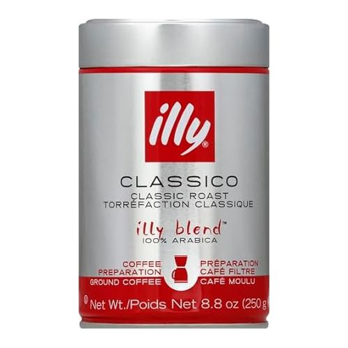 일리 illy Classico Ground Drip Coffee, Medium Roast, Classic Roast with Notes Of Chocolate & Caramel, 100% Arabica Coffee, No Preservatives, 8.8 Ounce (Pack of 2)