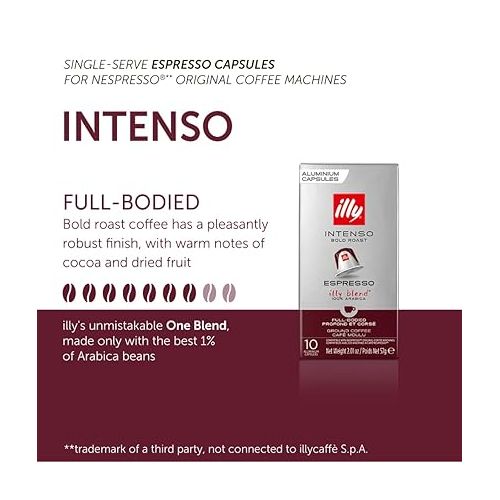 일리 Illy Espresso Compatible Capsules - Single-Serve Coffee Capsules & Pods - Intenso Dark Roast - Notes Of Cocoa & Dried Fruit Coffee Pods - For Nespresso Coffee Machines - 10 Count