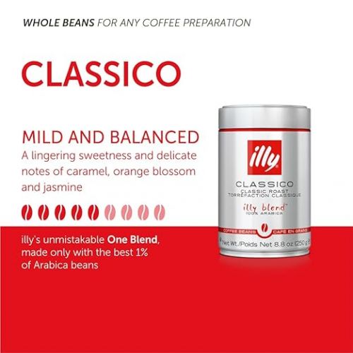 일리 illy Whole Bean Coffee - Perfectly Roasted Whole Coffee Beans - Classico Medium Roast - with Notes of Caramel, Orange Blossom & Jasmine - 100% Arabica Coffee - No Preservatives - 8.8 Ounce, 6 Pack