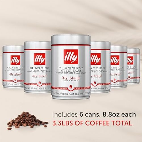 일리 illy Whole Bean Coffee - Perfectly Roasted Whole Coffee Beans - Classico Medium Roast - with Notes of Caramel, Orange Blossom & Jasmine - 100% Arabica Coffee - No Preservatives - 8.8 Ounce, 6 Pack