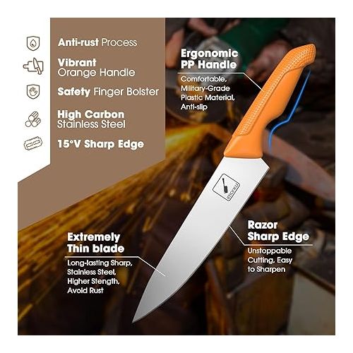  imarku Knife Set with Block, Sharp Knife Set with Built-in Sharpener, Japanese stainless Steel Kitchen Knife Set with Non-Slip Ergonomic Handle, Dishwasher Safe, Professional Knife Set for Gift Orange