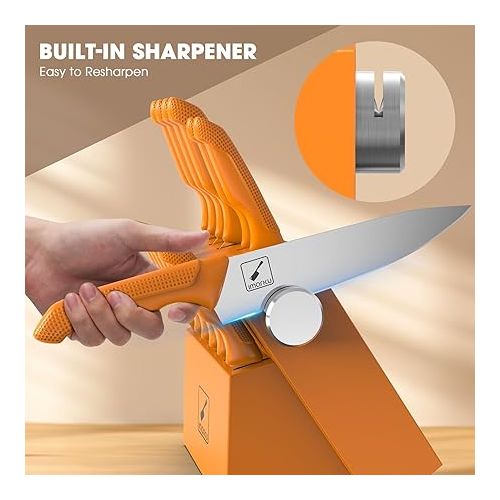  imarku Knife Set with Block, Sharp Knife Set with Built-in Sharpener, Japanese stainless Steel Kitchen Knife Set with Non-Slip Ergonomic Handle, Dishwasher Safe, Professional Knife Set for Gift Orange