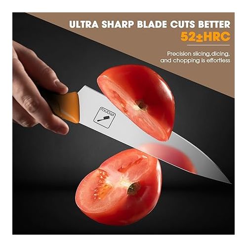  imarku Knife Set with Block, Sharp Knife Set with Built-in Sharpener, Japanese stainless Steel Kitchen Knife Set with Non-Slip Ergonomic Handle, Dishwasher Safe, Professional Knife Set for Gift Orange