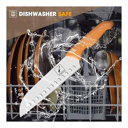  imarku Knife Set with Block, Sharp Knife Set with Built-in Sharpener, Japanese stainless Steel Kitchen Knife Set with Non-Slip Ergonomic Handle, Dishwasher Safe, Professional Knife Set for Gift Orange