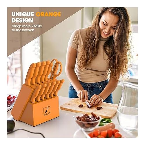  imarku Knife Set with Block, Sharp Knife Set with Built-in Sharpener, Japanese stainless Steel Kitchen Knife Set with Non-Slip Ergonomic Handle, Dishwasher Safe, Professional Knife Set for Gift Orange