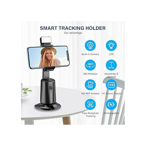  Auto Face Tracking Tripod 360° Rotating Auto Tracking Phone Stand, No App, Phone Camera Stand with Remote and Gesture Control, Rechargeable Smart Shooting Stand for Live Video Recording Tiktok