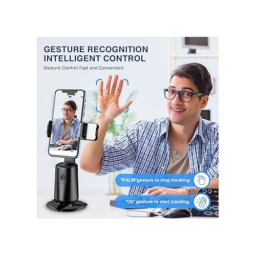  Auto Face Tracking Tripod 360° Rotating Auto Tracking Phone Stand, No App, Phone Camera Stand with Remote and Gesture Control, Rechargeable Smart Shooting Stand for Live Video Recording Tiktok