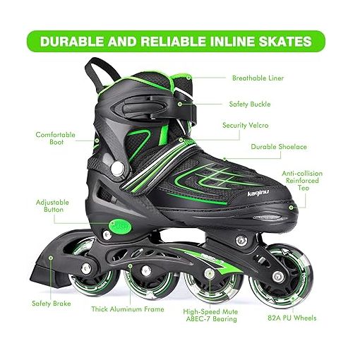  KAQINU Adjustable Inline Skates, Outdoor Inline Skates with Full Illuminating Wheels for Kids and Adults, Women, Girls and Boys