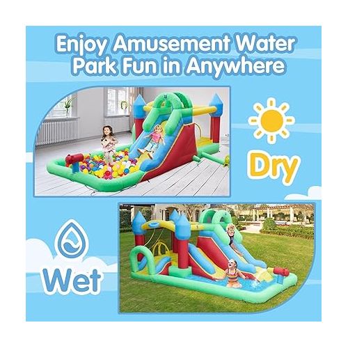 kinbor Inflatable Water Slide - Kids Water Castle Bounce House 185 Inches Long for Wet and Dry with Blower, Water Gun, Splash Pool, Basketball Rim, Carry Bag, Repairing Kit, Stakes, Indoor and Outdoor