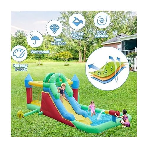  kinbor Inflatable Water Slide - Kids Water Castle Bounce House 185 Inches Long for Wet and Dry with Blower, Water Gun, Splash Pool, Basketball Rim, Carry Bag, Repairing Kit, Stakes, Indoor and Outdoor