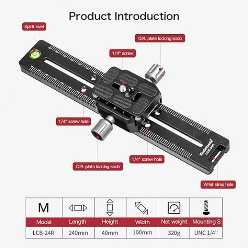  Koolehaoda 240mm Professional Rail Nodal Slide Metal Quick Release Clamp,Dual Dovetail Camera Bracket Mount with Double-Sided Clamp can be Rotated 90°, for Camera with Arca Swiss Compatible(LCB-24R)