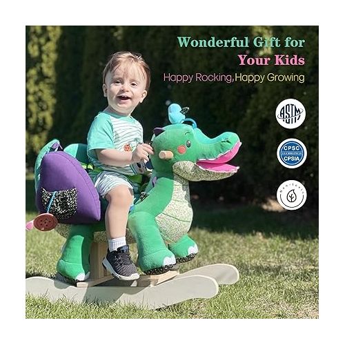  labebe Child Rocking Horse Toy, Stuffed Animal Rocker, Green Crocodile Plush Rocker Toy for Kid 6 Month -3 Years, Wooden Rocking Horse Chair/Rocker/Animal Ride on