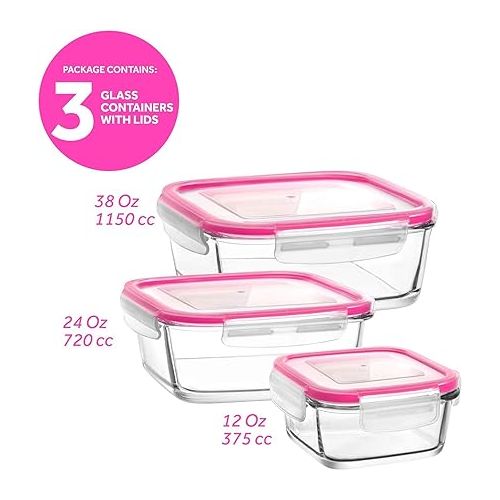  lav Glass Lunch Containers - Glass Food Containers with Lids - Pink Meal Prep Container - Set of 3 Microwave Safe Containers with Lids - Made in Europe