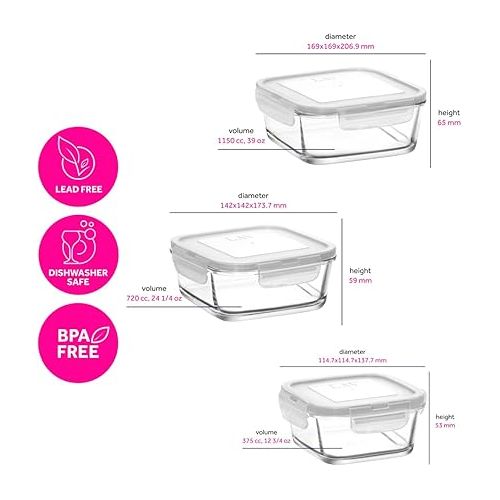  lav Glass Lunch Containers - Glass Food Containers with Lids - Pink Meal Prep Container - Set of 3 Microwave Safe Containers with Lids - Made in Europe