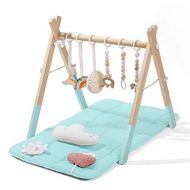 Foldable Baby Play Gym with Mat, Wooden Play Gym with 6 Hanging Sensory Toys, Frame Activity Center, Natural Pine Wood, Montessori Toys, Easy to Assemble & Clean, Newborn Gift, Blue Color