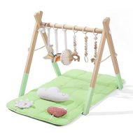 Foldable Baby Play Gym with Mat, Wooden Play Gym with 6 Hanging Sensory Toys, Frame Activity Center, Natural Pine Wood, Montessori Toys, Easy to Assemble & Clean, Newborn Gift, Green Color