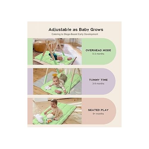  Foldable Baby Play Gym with Mat, Wooden Play Gym with 6 Hanging Sensory Toys, Frame Activity Center, Natural Pine Wood, Montessori Toys, Easy to Assemble & Clean, Newborn Gift, Green Color