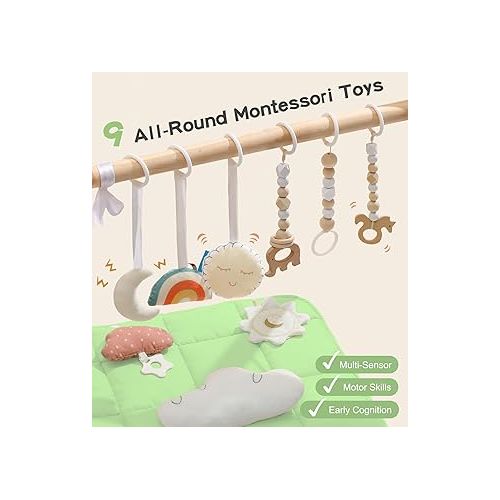  Foldable Baby Play Gym with Mat, Wooden Play Gym with 6 Hanging Sensory Toys, Frame Activity Center, Natural Pine Wood, Montessori Toys, Easy to Assemble & Clean, Newborn Gift, Green Color