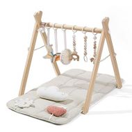 Foldable Baby Play Gym with Mat, Wooden Play Gym with 6 Hanging Sensory Toys, Frame Activity Center, Natural Pine Wood, Montessori Toys, Easy to Assemble & Clean, Newborn Gift, Natural Color