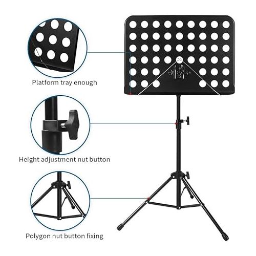  lotmusic Sheet Music Stand, Portable Music Stand, Foldable and Height-Adjustable Music Stand with Bag, Sheet Music Clip, Light, Suitable for Playing Musical Instruments and Traveling Out