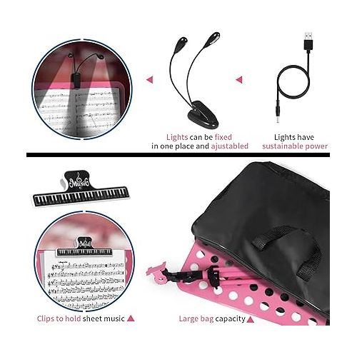  lotmusic Pink Music Stand, Portable Music Sheet Stand, Foldable and Height-Adjustable Music Stand with Bag, Sheet Music Clip, Light, Suitable for Playing Musical Instruments and Traveling Out