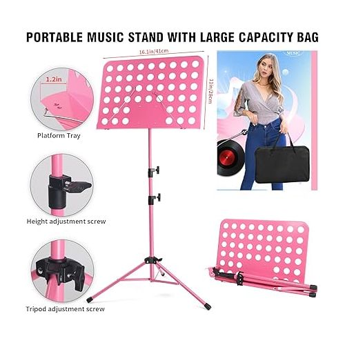  lotmusic Pink Music Stand, Portable Music Sheet Stand, Foldable and Height-Adjustable Music Stand with Bag, Sheet Music Clip, Light, Suitable for Playing Musical Instruments and Traveling Out