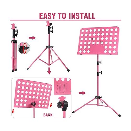  lotmusic Pink Music Stand, Portable Music Sheet Stand, Foldable and Height-Adjustable Music Stand with Bag, Sheet Music Clip, Light, Suitable for Playing Musical Instruments and Traveling Out