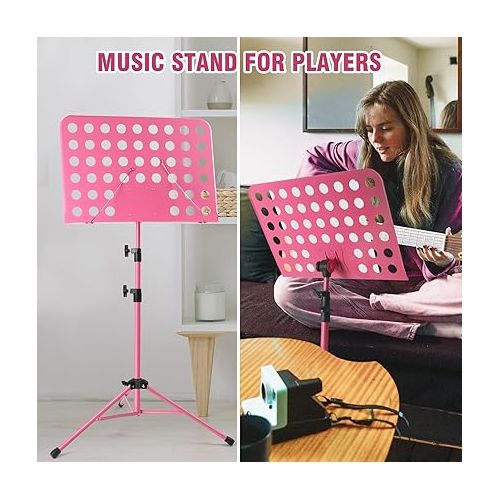  lotmusic Pink Music Stand, Portable Music Sheet Stand, Foldable and Height-Adjustable Music Stand with Bag, Sheet Music Clip, Light, Suitable for Playing Musical Instruments and Traveling Out