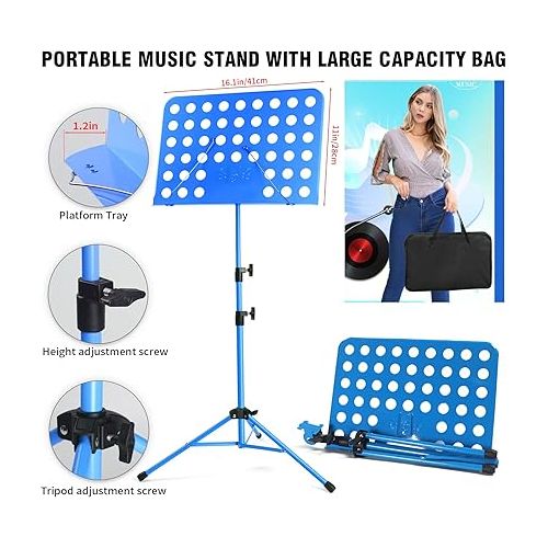  lotmusic Blue Music Stand, Portable Music Sheet Stand, Foldable and Height-Adjustable Music Stand with Bag, Sheet Music Clip, Light, Suitable for Playing Musical Instruments and Traveling Out