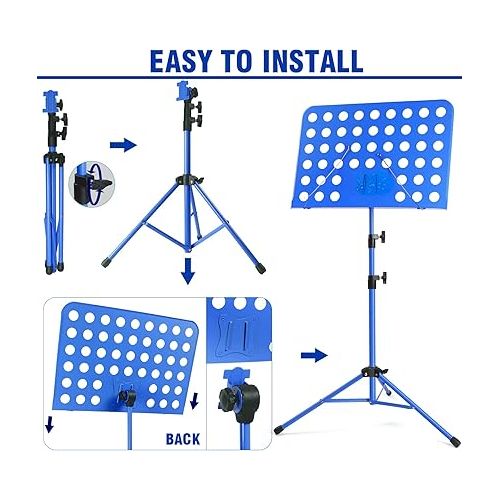  lotmusic Blue Music Stand, Portable Music Sheet Stand, Foldable and Height-Adjustable Music Stand with Bag, Sheet Music Clip, Light, Suitable for Playing Musical Instruments and Traveling Out