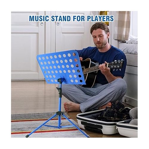  lotmusic Blue Music Stand, Portable Music Sheet Stand, Foldable and Height-Adjustable Music Stand with Bag, Sheet Music Clip, Light, Suitable for Playing Musical Instruments and Traveling Out